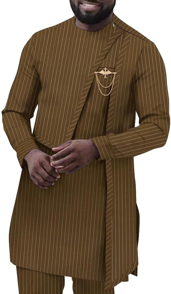 African Suit for Men Traditional Dashiki Stripe Blazer and Pants 2 Piece Set Business Dress Suit Party Wedding Evening