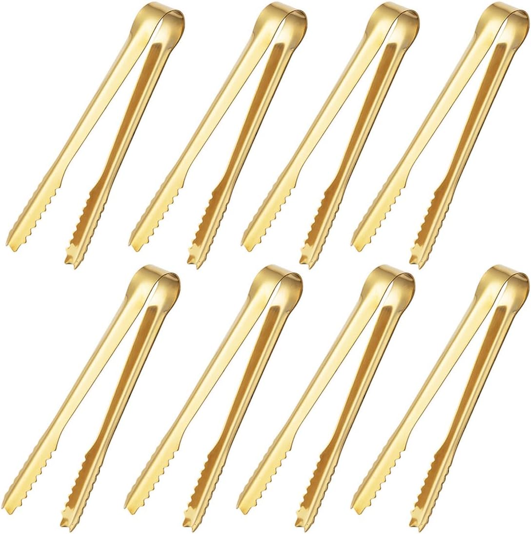 8 Pcs Ice Tongs,5 Inch Stainless Steel Small Tongs with Sharp Grip Teeth Tiny Kitchen Tong for Ice Buckets, Sugar, Olives & Garnishes Party Essentials (gold)