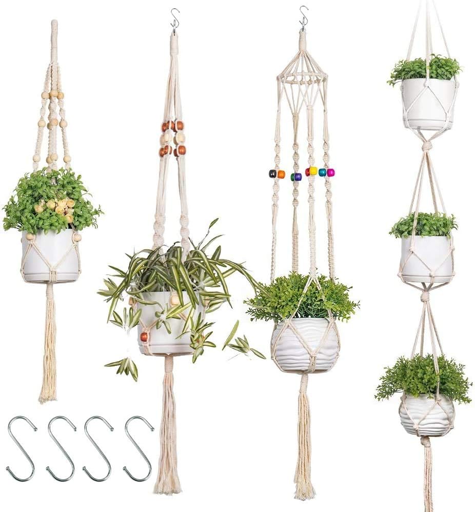 Elf House Macrame Plant Hangers Holder Outdoor - Large Indoor Wall Hanging Planter Hanger with Hooks Flower Pot Holder Decoration, Boho Home Decor Gift Box 4-in-1