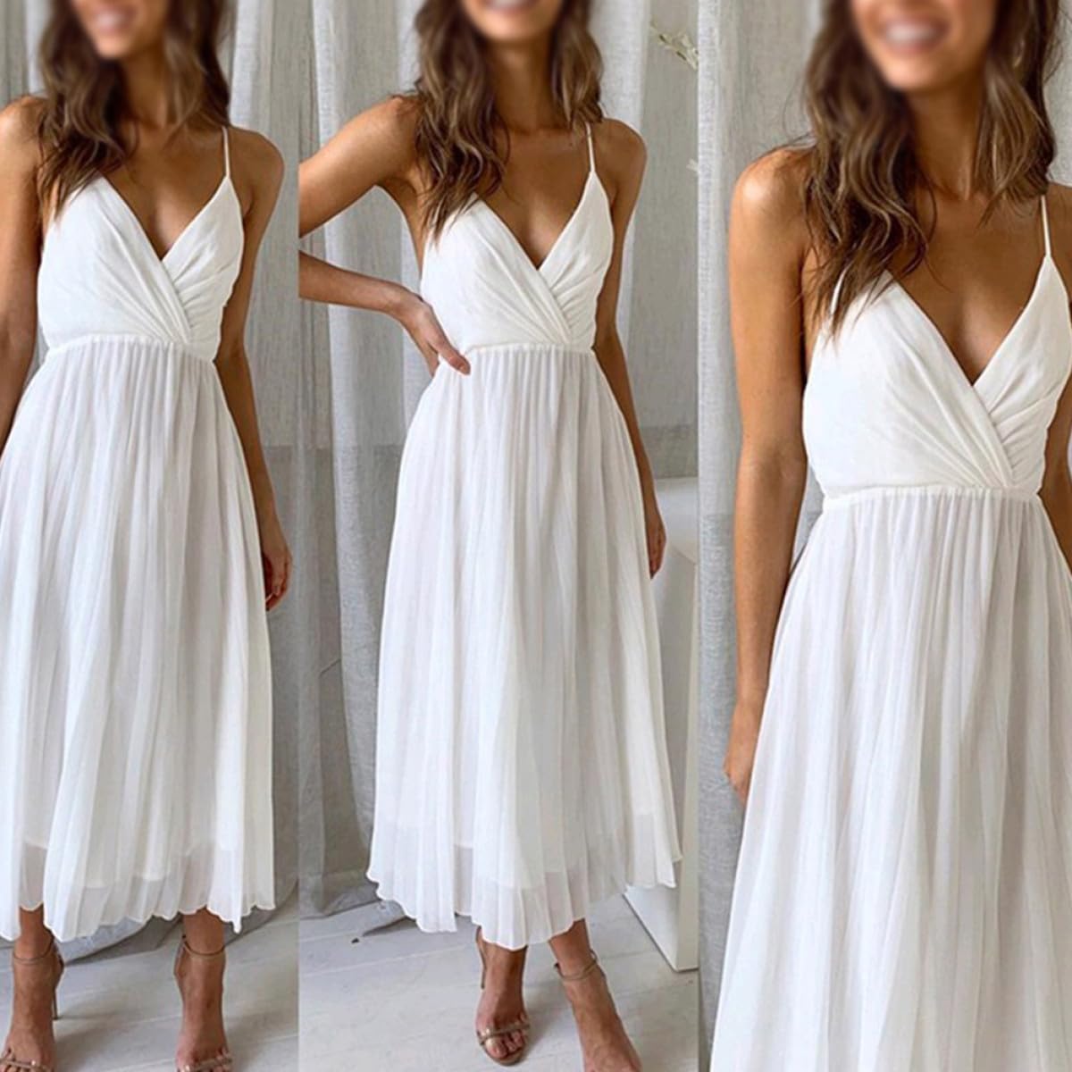 Vestito Donna Estivo Bianco in Poliestere Scollo a V senza Spalline