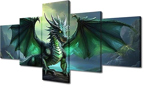 Lienzo decorativo para pared, 5 paneles, arte de pared, diseño vintage de dragón verde, póster impreso en lienzo para dormitorio de niña genial,