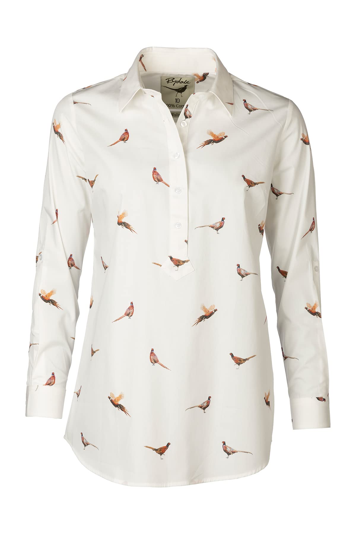 Rydale Ladies Printed Overhead Shirt Women’s Button Shirts Blouse Animal Print White Tops Tunic (as8, Numeric, Numeric_18, Regular, Regular, Pheasant White)