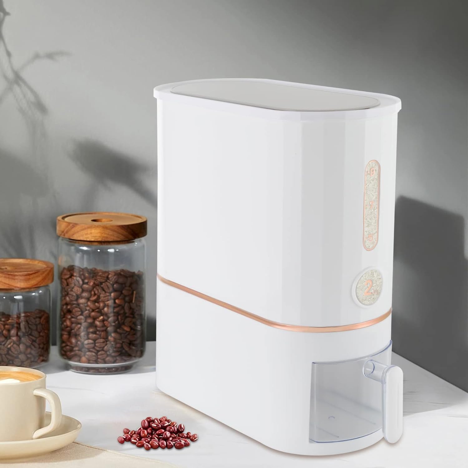 Rice Holder Dispenser White 22 Lbs Grain Storage Container with Lid & Measuring Cup Modern Household Food Dispenser for Cereal Oatmeal Coffee Bean Soybean Corn
