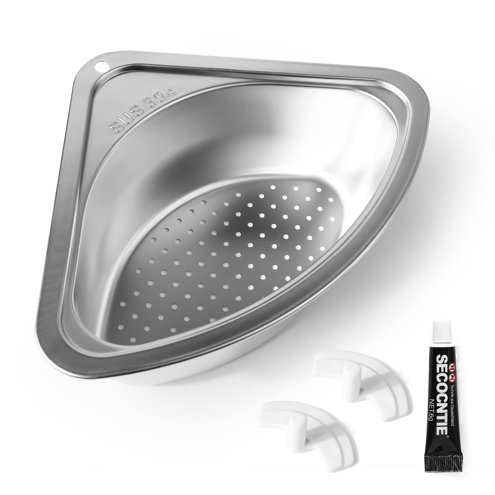 Baytion Stainless Steel Kitchen Sink Strainer Basket, Multi-Purpose Corner Sink Basket Triangular Sink Filter Storage Rack Sucker Sink Sponge Holder for Kitchen Bathroom