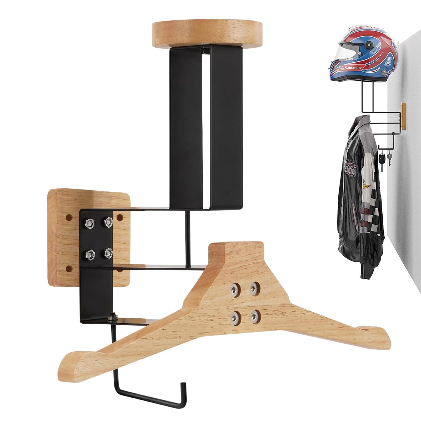 PORFOYO Helmhalterung Wand, Motorradhelm Halterung, Tactical Gear Wandhalterung aus Metall und Holz, Motorrad Garderobe, Helmhalter Wand zur Aufbewahrung von Helmen, Taktische und Schlüsseln
