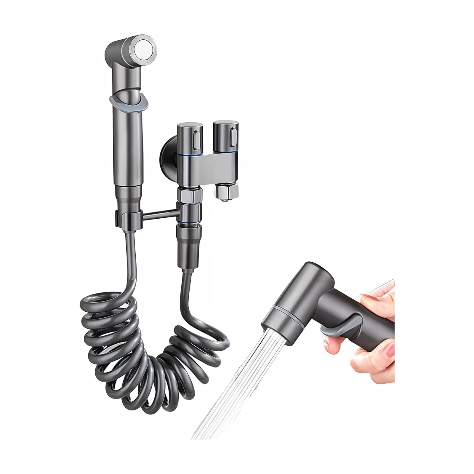 – Dual Control Bidet Sprayer for Toilet - 1 Inlet 2 Outlet Handheld Spray Gun with Retractable Hose, Adjustable Water Pressure, Shattaf Set for Bathroom/Pet/Car Cleaning