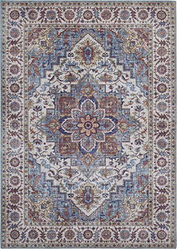 -LUXOR- living Teppich Wohnzimmer Bonum im Vintage Design - Wohnzimmerteppich Teppich Kurzflor Digitaldruck in zeitlosem Design Blau 120 x 170 cm