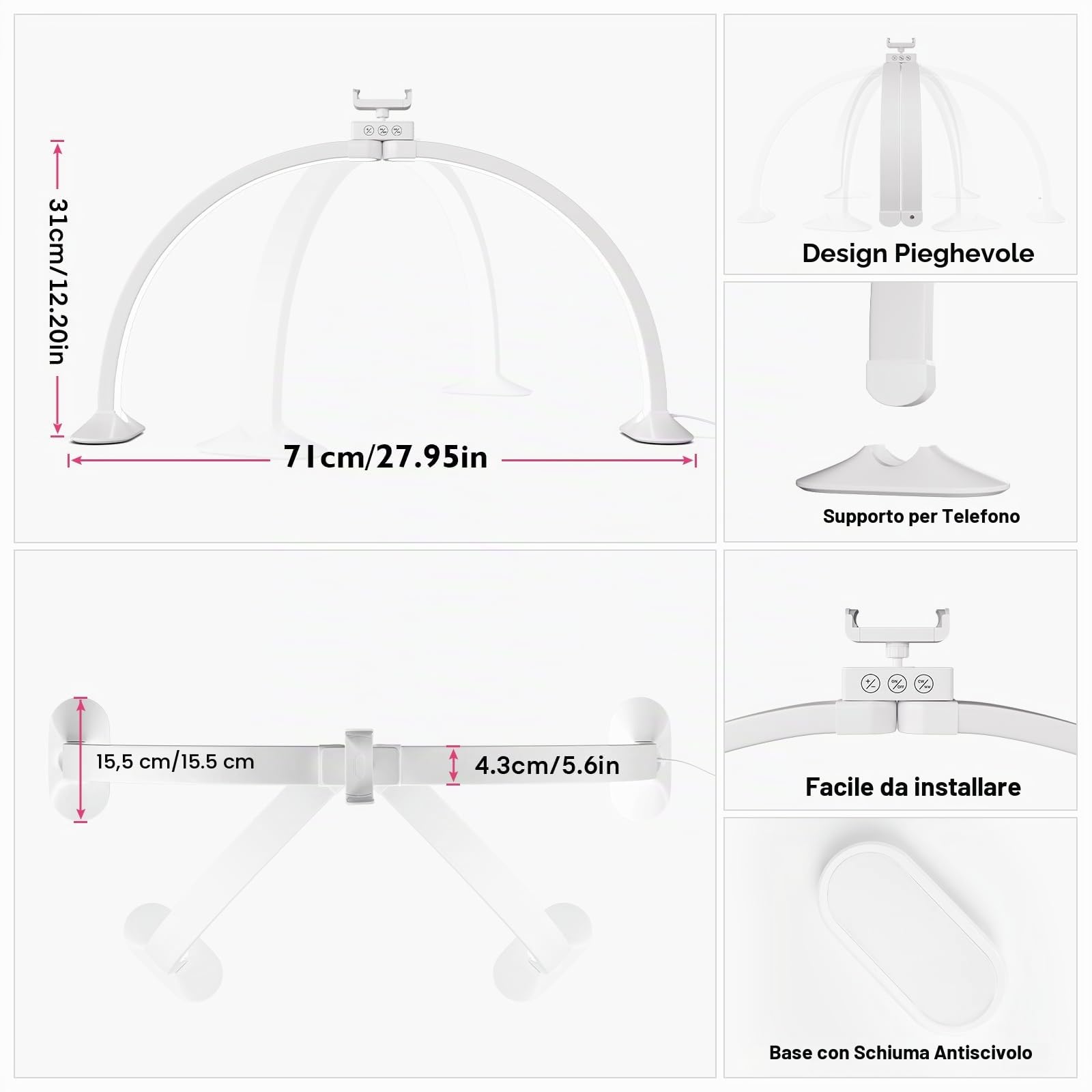 Lampada Extension Ciglia, 71CM 36W Lampada Da Scrivania Per Unghie A Mezza Luna, Lampada da Tavolo per Unghie con Porta Cellulare, Half Moon Light Per Manicure, Extension Ciglia, Tatuaggio