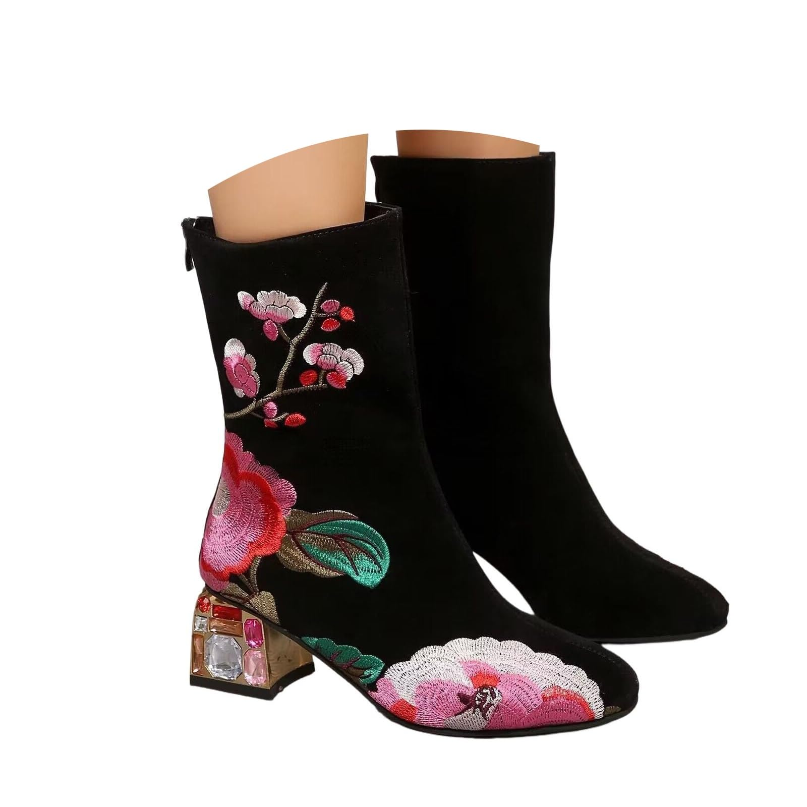 Ankle Boots for Women Floral Embroidered Chunky Block Mid Heels Booties Suede Zipper Walking Shoes for Winter Fall