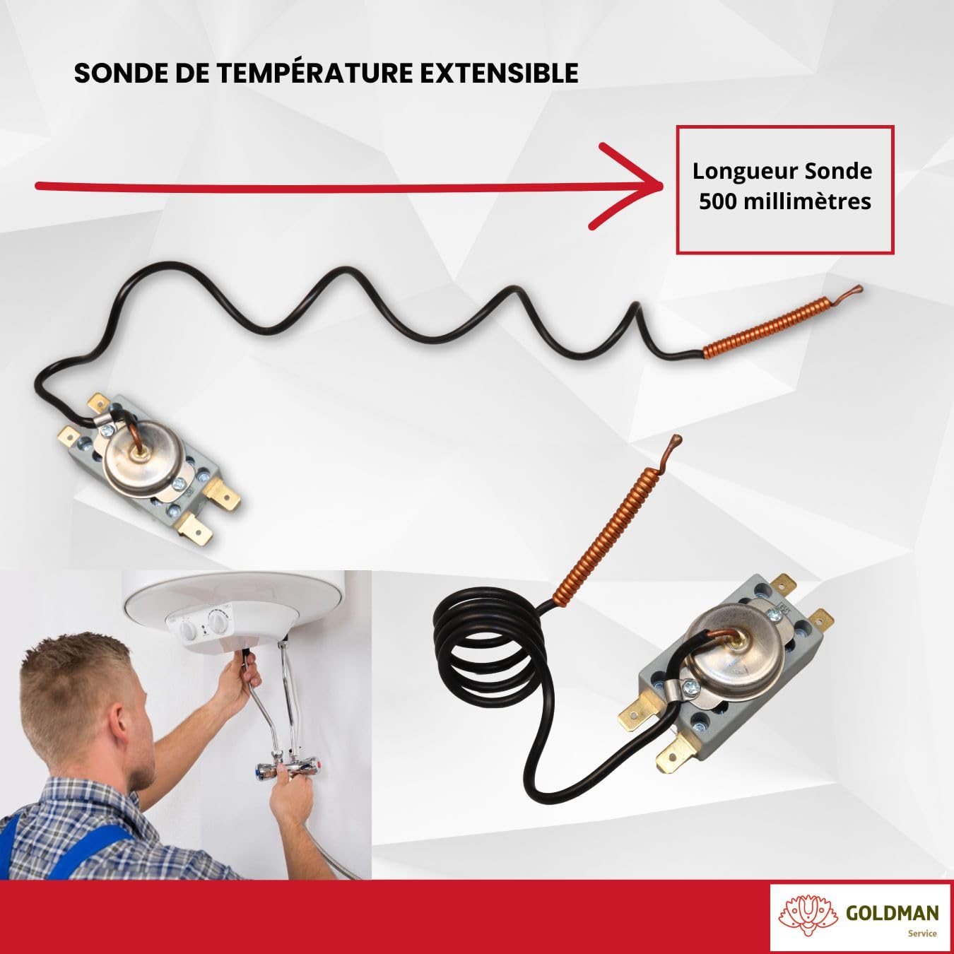 GOLDMAN SERVICE | Thermostat de Sécurité pour Chauffe-eau Électrique Activation Automatique à 93ºC | Sonde Bulbe 500mm | Réarmement Manuel Facile