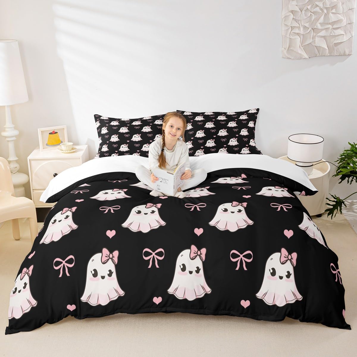 Parure de lit double avec housse de couette fantômes et 2 taies roses