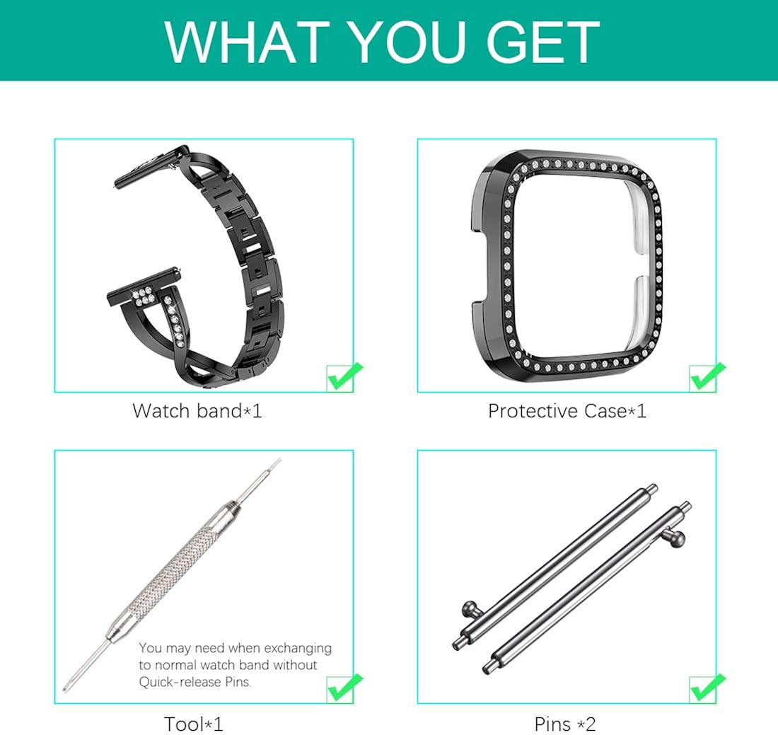 Rhinestone Metal Jewelry Band Plus Case Compatible for Fitbit Versa 2