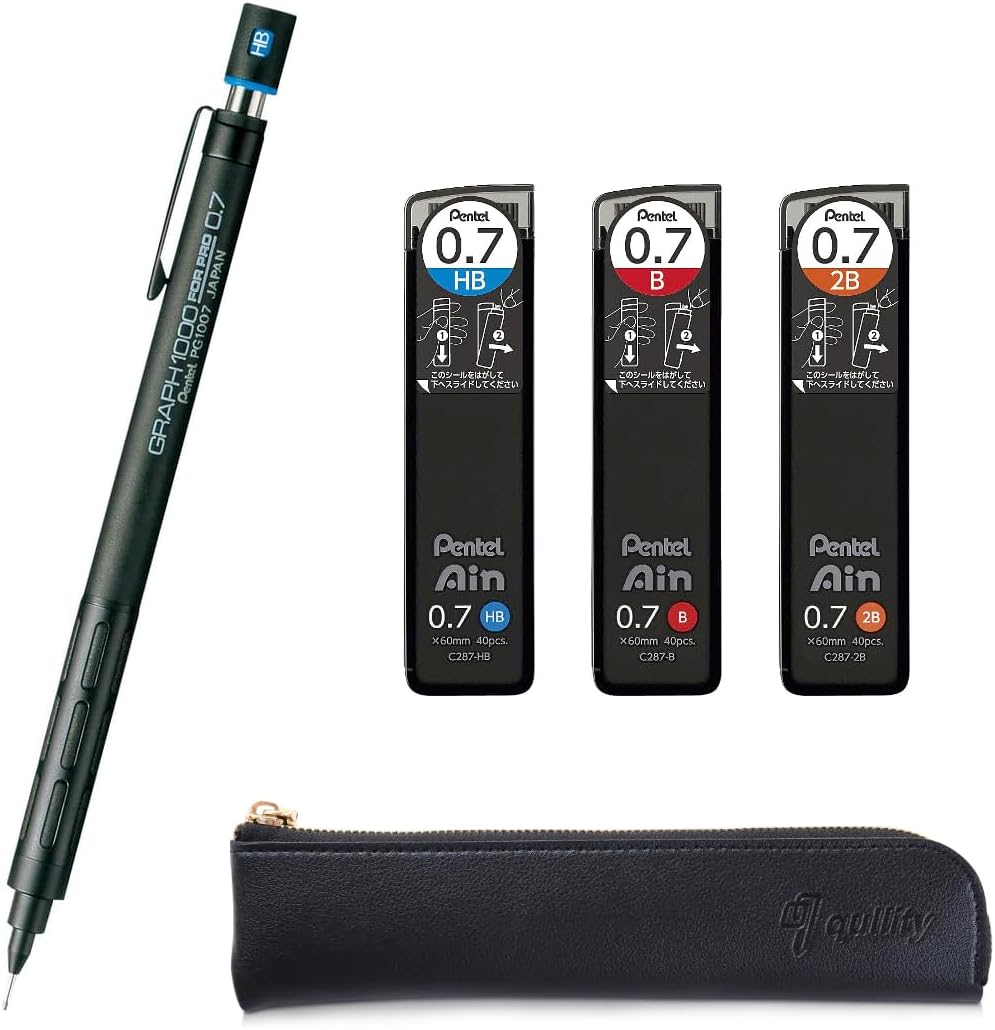 Graph 1000 for Pro Mechanical Drafting Pencil + Ain HB/B/2B leads, original Black slim pen case (0.4)