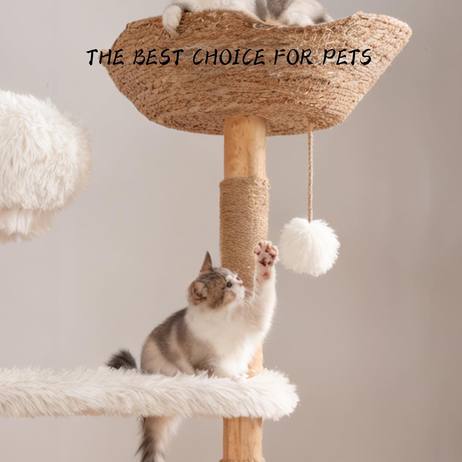 51" Modern Cat Tree Tower for Indoor Cats, Natural Solid Wooden Cat Tower with Sisal Scratching Post, Luxury Cat Furniture with Hand-Woven Natural Rattan Nest for Multi-Cat Households