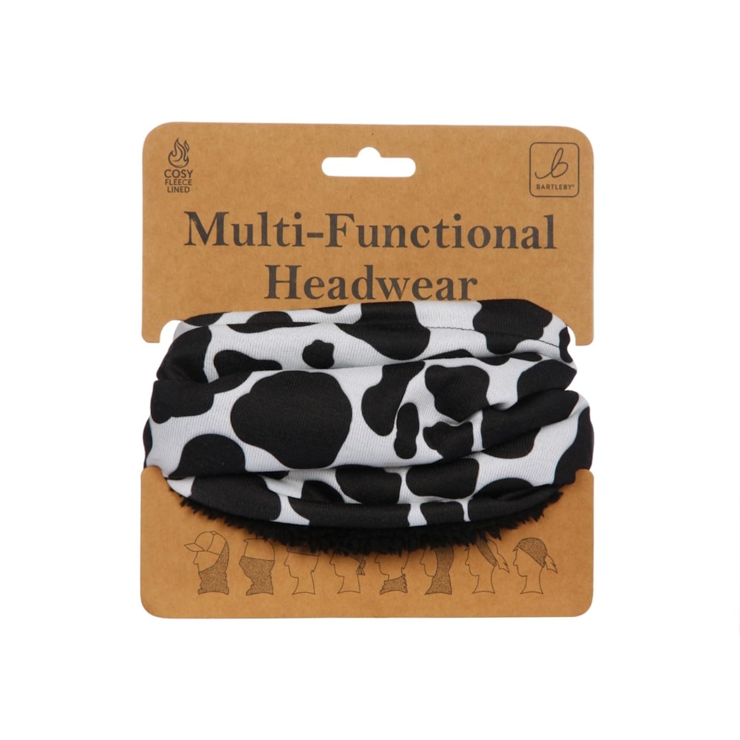 Bartleby Multi-Functional Fleece-Lined Snood One Size Adjustable Toggle 8 Ways to Wear Warm Breathable Neck Warmer for Outdoor Work, Sports & Walking Animal & Print Designs (Cow Print)
