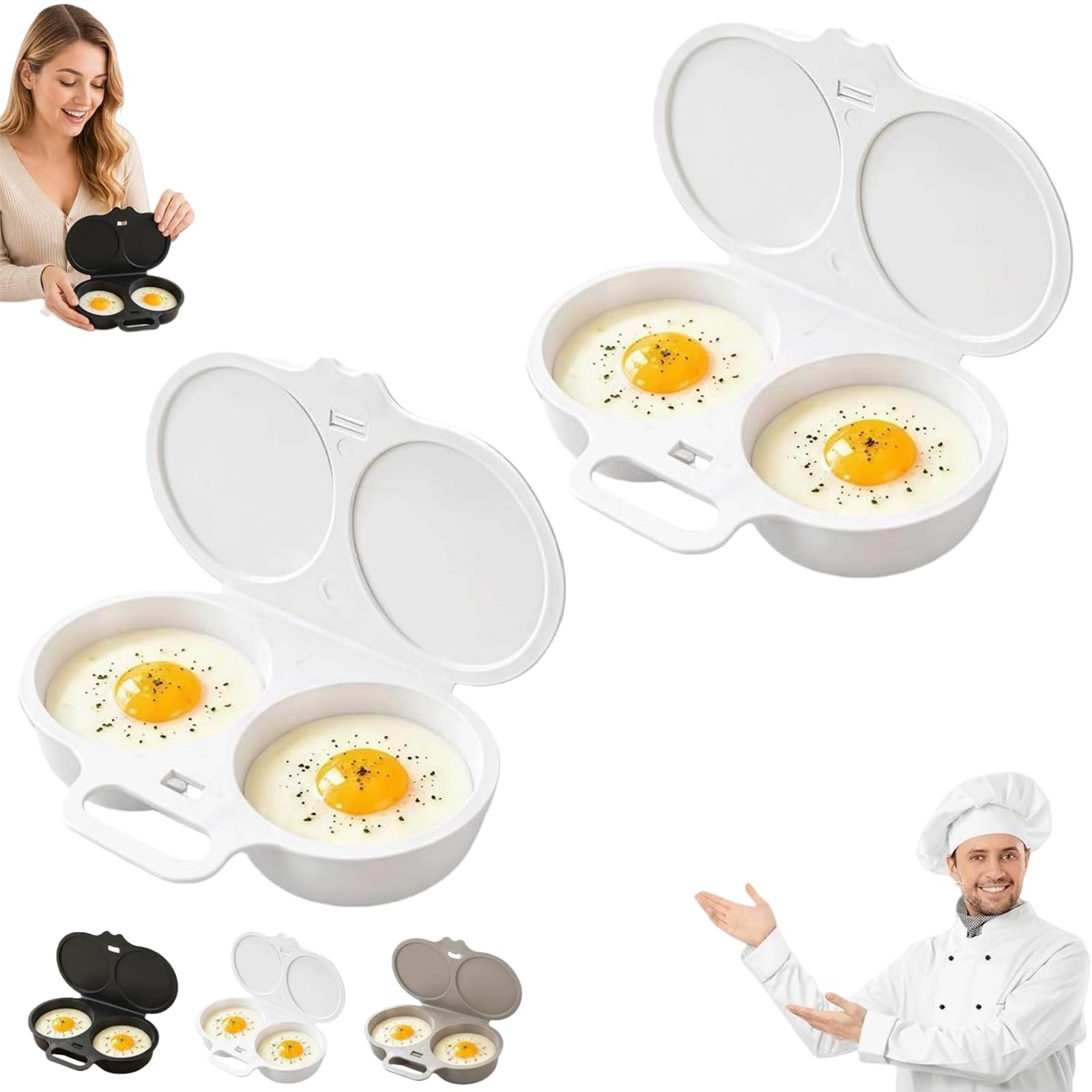Dual Cavity Microwave Egg Poacher with Lid & Handle (2PCS-White)