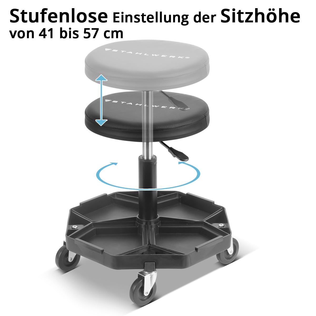 STAHLWERK Taburete de Taller WRH-57 ST con Capacidad de Carga de 120 kg Asiento de Taller | Silla de Taller | Taburete rodante | Taburete de Trabajo | Asiento con Ruedas para Taller con Ruedas de