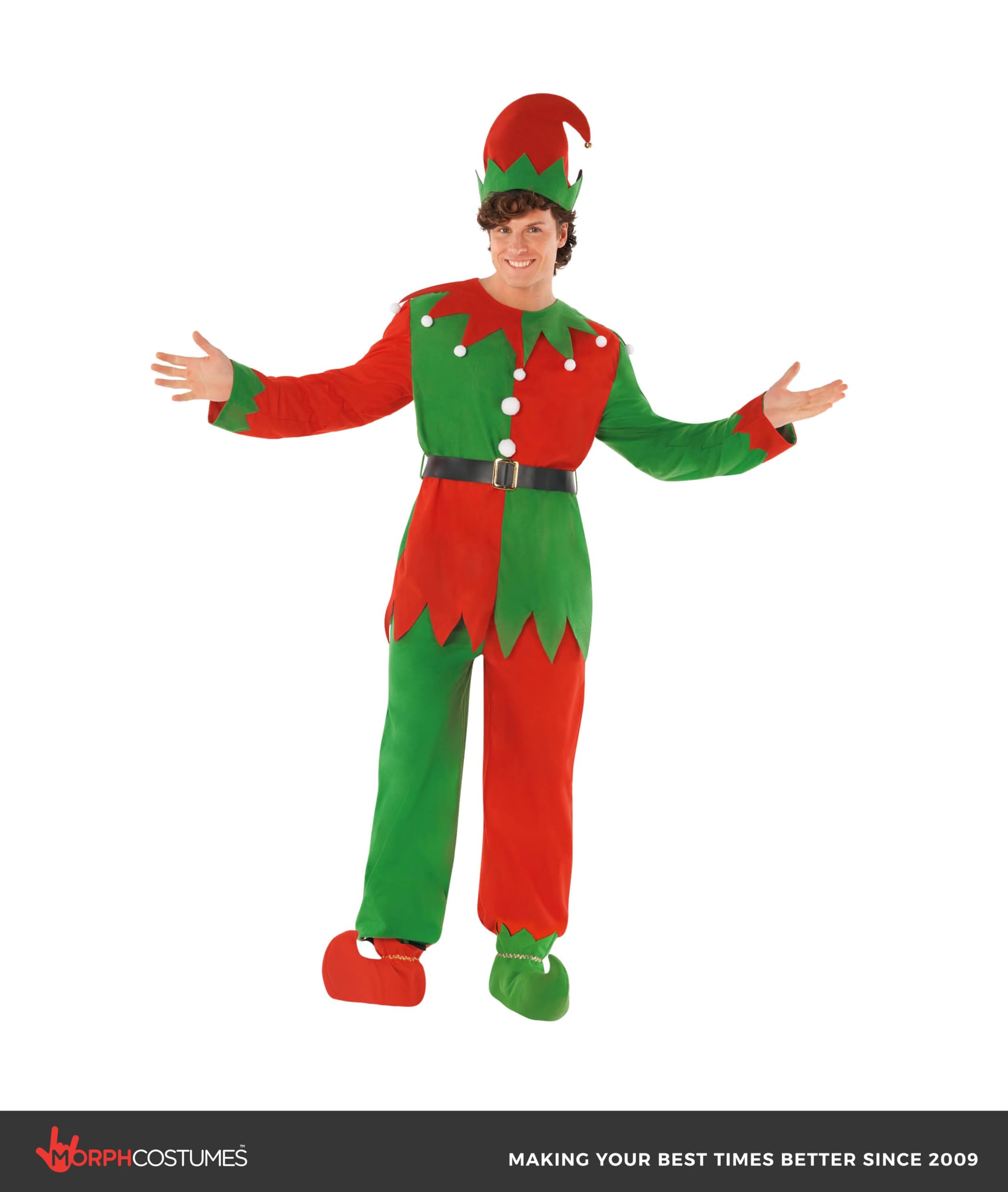 Morph Deguisement Elfe Homme, Costume Lutin de Noel Halloween Homme | Haut, Pantalon, Ceinture, Couvre-Chaussures & Bonnet, Look Lutin de Noël, Parfait pour Halloween, Idéal pour se Déguiser