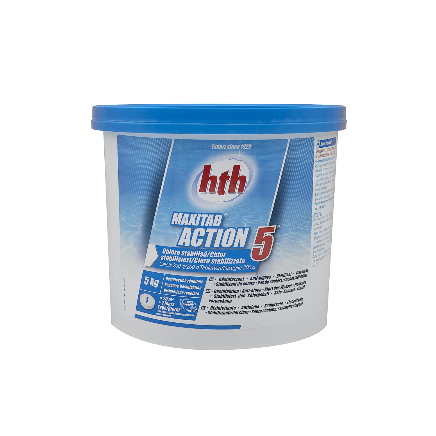 HTH MAXITAB Action 5 Galet 200g - 5kg | Chlore Lent Stabilisé Multiaction - Désinfection Régulière Multifonction - Dissolution Lente + 10 Tests HPS OFFERTS 6 en 1