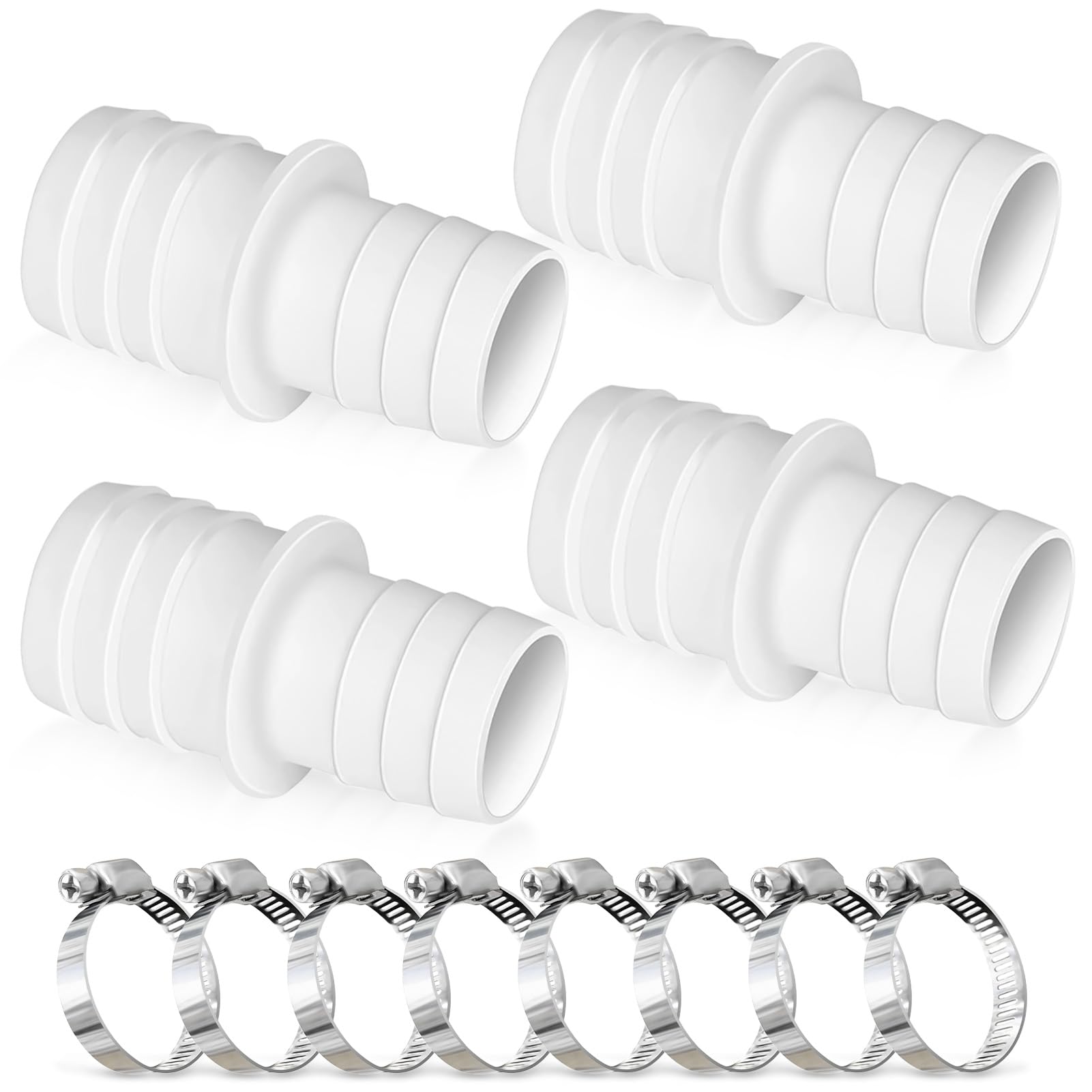 4 Pezzi Connettori per Tubo Flessibile per Piscina con 8 Fascette Stringitubo, Adattatore per Tubo da Piscina, Doppio Beccuccio per Tubo Flessibile, Connettori Tubo per 32 mm e 38 mm