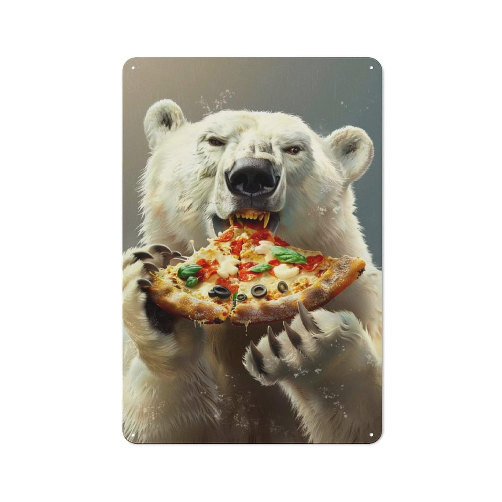 Junmoney Polar Bear Pizza Decorative Metal Plaque With Design 30X20cm, Casual Utility Space Decor For Patio Bar, Workshop, Shed Or Kitchen