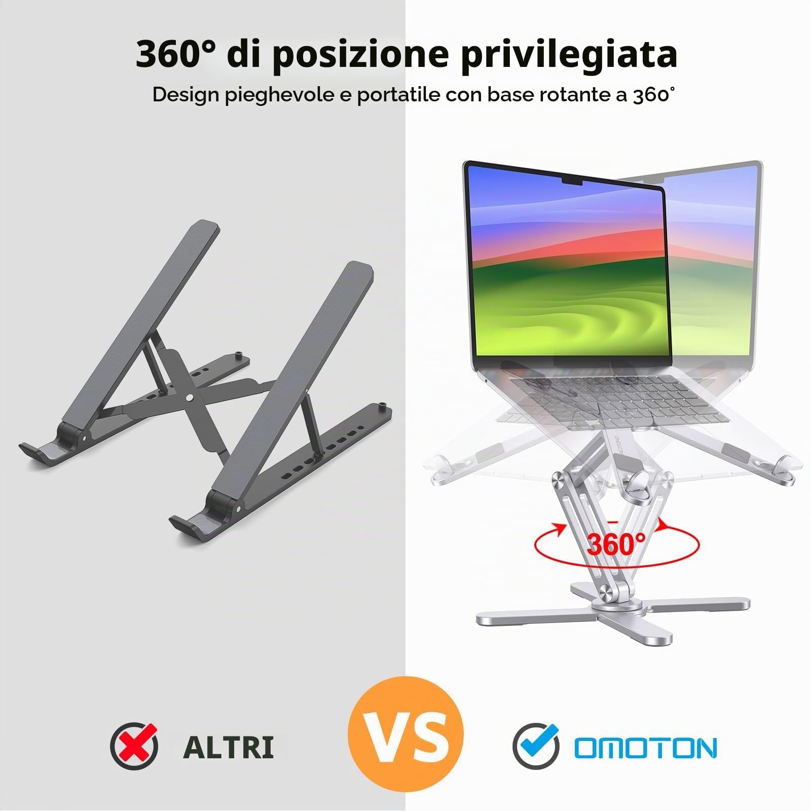 OMOTON Supporto pieghevole per computer portatile con base rotante a 360°, supporto ergonomico per laptop per lavoro collaborativo, adatto a tutti i laptop fino a 16", argento