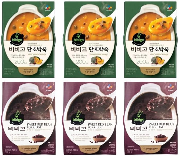 Generic CJ Foods Bibigo Sweet Pumpkin Porridge (3 Pack), Sweet Red Bean Porridge (3Pack), Korean Rice Porridge Combo, CJ 단호박죽 (280g, 3Pack) CJ 통단팥죽 (280g, 3Pack) - 6 Pack Set