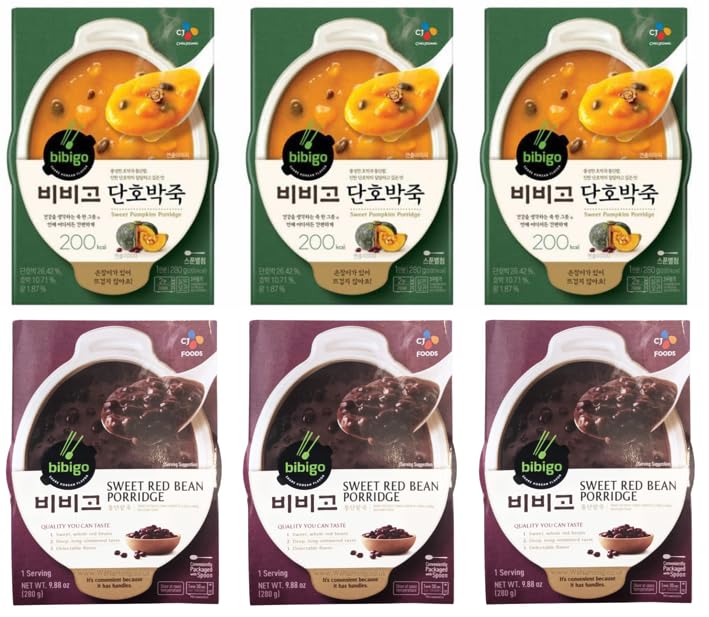 Generic CJ Foods Bibigo Sweet Pumpkin Porridge (3 Pack), Sweet Red Bean Porridge (3Pack), Korean Rice Porridge Combo, CJ 단호박죽 (280g, 3Pack) CJ 통단팥죽 (280g, 3Pack) - 6 Pack Set