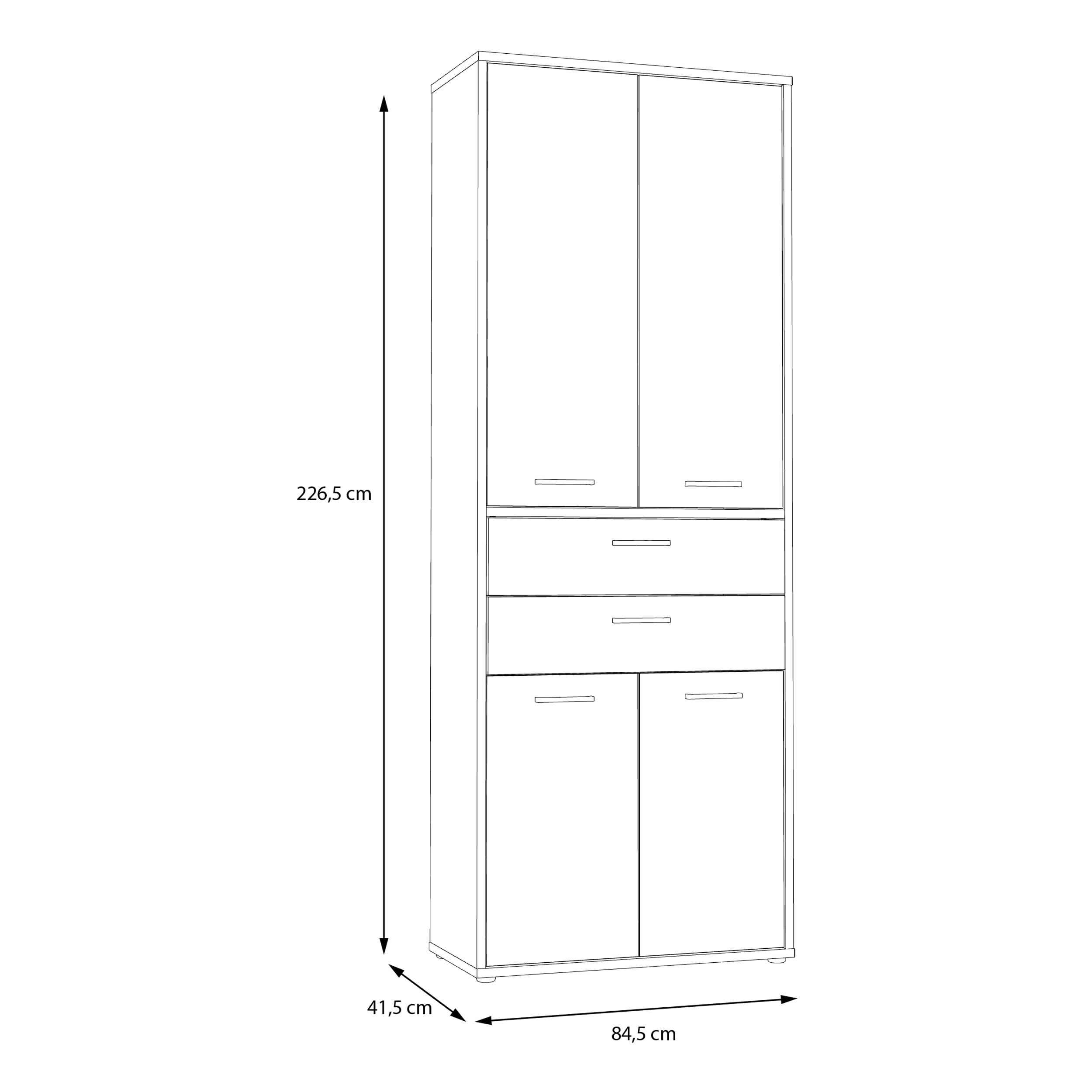 Forte KEFLAVIK Büroschrank 80 90, moderner Büroschrank mit 4 Türen und 2 Schubladen, Weiß|Artisan Eiche Holzdekor, 84,5 cm breit x 226,5 cm hoch x 41,5 cm tief