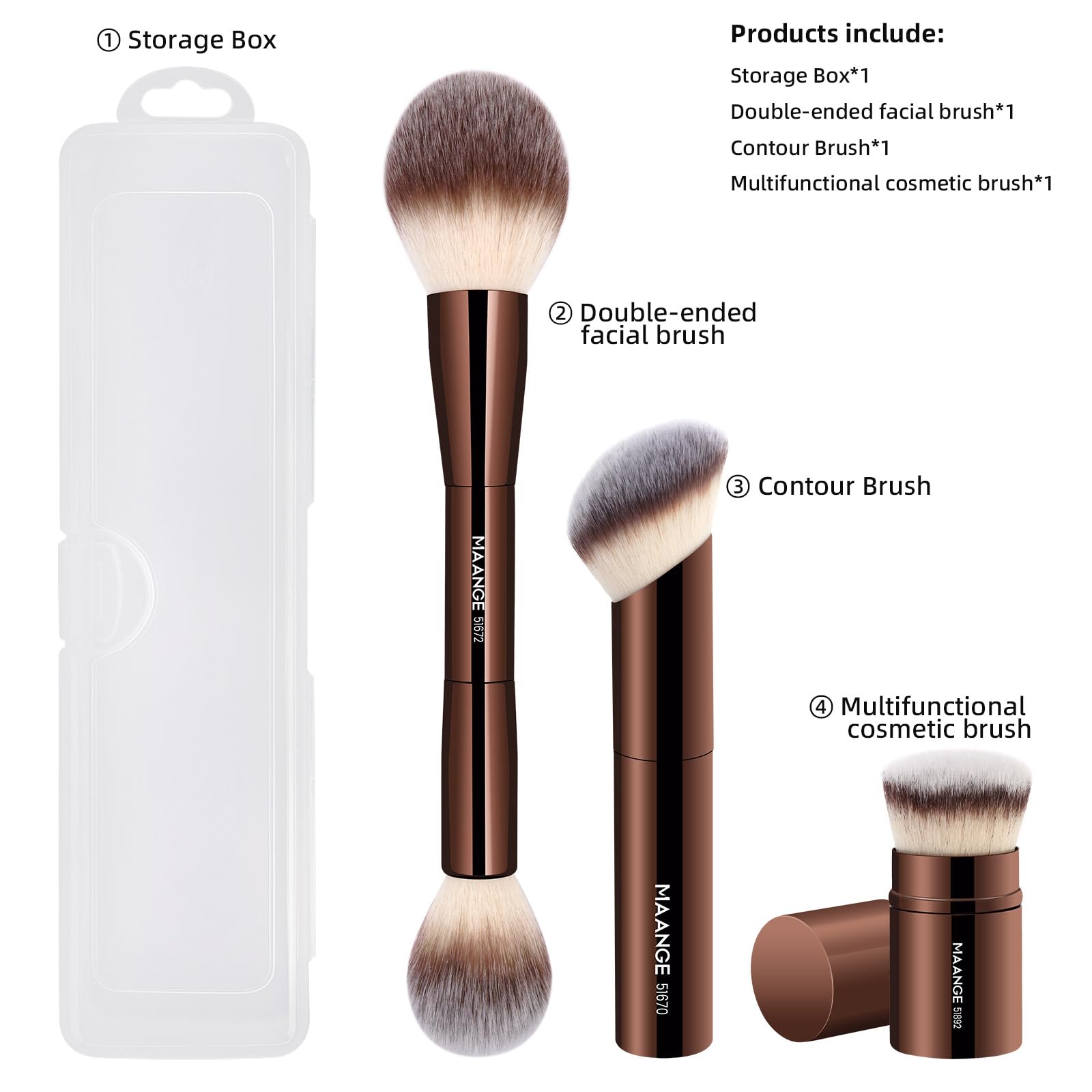 MAANGE Set di 3 pennelli per fondotinta, kabuki, a doppia estremità, pennelli per contouring, per cipria liquida, correttore, crema, cosmetici, miscelazione, fard, lucidatura, strumenti per il trucco