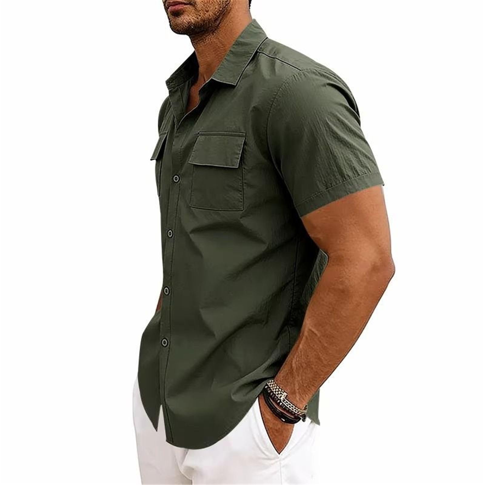 Chemise de Travail Homme, Double Poche Extensible sans Faux Plis Manches Courtes décontractée
