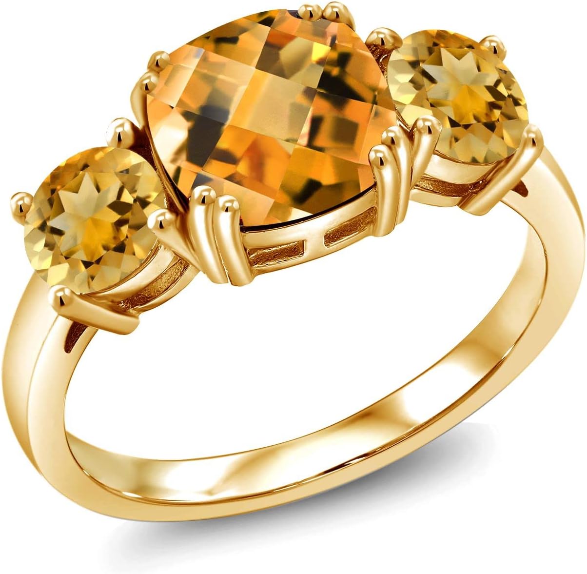 Gem Stone King 18K Yellow Gold Plated Silver Yellow Citrine 3-Stone Engagement Ring For Women | 4.60 Cttw | Gemstone Birthstone | Wedding Engagement Anniversary Promise Ring For Women