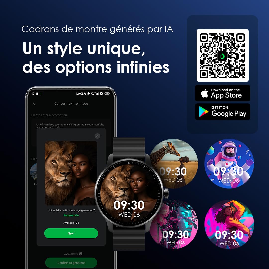 oraimo Montre Connectée Écran AMOLED 1,43 Pouce Appels Bluetooth 5.3 Batterie 11 Jours Suivi Rythme Cardiaque SpO2 Étanche IP68 Mode Sport Homme Femme Notification Android 6.0 iOS 11 Noir