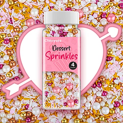 Valentines Sprinkles Desserts Rose and Gold Sprinkles Cherrysea Edible Cake Sprinkles Gluten Free Sprinkles for Baking,Cupcake,Donut,Ice cream,Candy,Chocolate Holiday Sprinkles - 4 oz