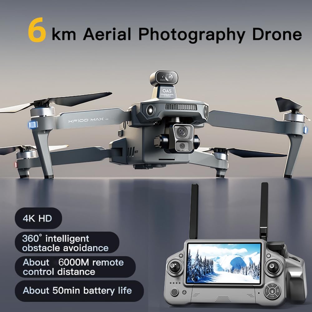 KF100 MAX Drohne mit Kamera 4K für Erwachsene, 6km Kontrollabstand, 5,5 Zoll Display Fernbedienung, 3-Achsen Gimbal, 360° Hindernis Vermeidung, Professioneller Drohne RC Quadcopter, 3 Batterien