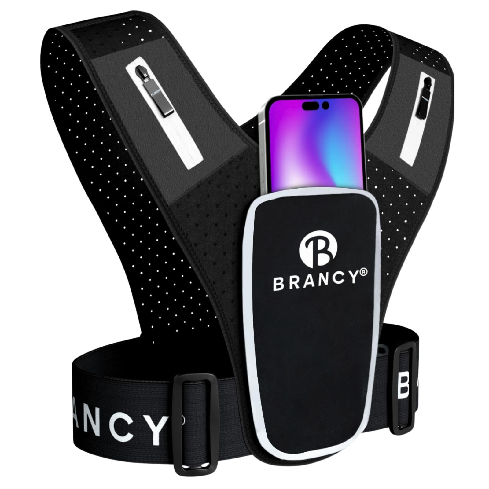 Brancy Running Phone Holder Vest - Reflective Running Vest for Women & Men with 2 Shoulder Zipper Pockets | Alternative Lightweight Backpack |