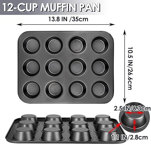 Miniatura 2 de Cyimi Molde para magdalenas, juego de 2 moldes para hornear magdalenas, 12 tazas, revestimiento de acero al carbono, antiadherente, bandeja para