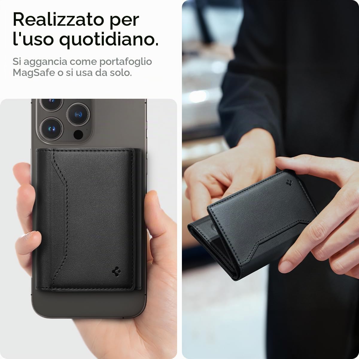 Spigen Valentinus S MagFit Portafoglio MagSafe Wallet Magnetico Portacarte Compatibile con iPhone 17/16/15/14/13/12 Modelle, Portafoglio uomo, Accessori MagSafe - Nero