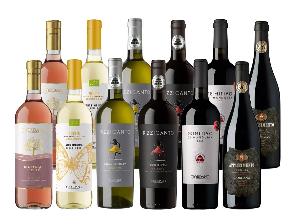 Giordano - SELEZIONE PUGLIA - Confezione di Vini dal gusto Secco, originari della Puglia. 6 tipologie di Vino tra Bianco, Rosato, Rosso e Appassito - 12 Bottiglie da 75 cl