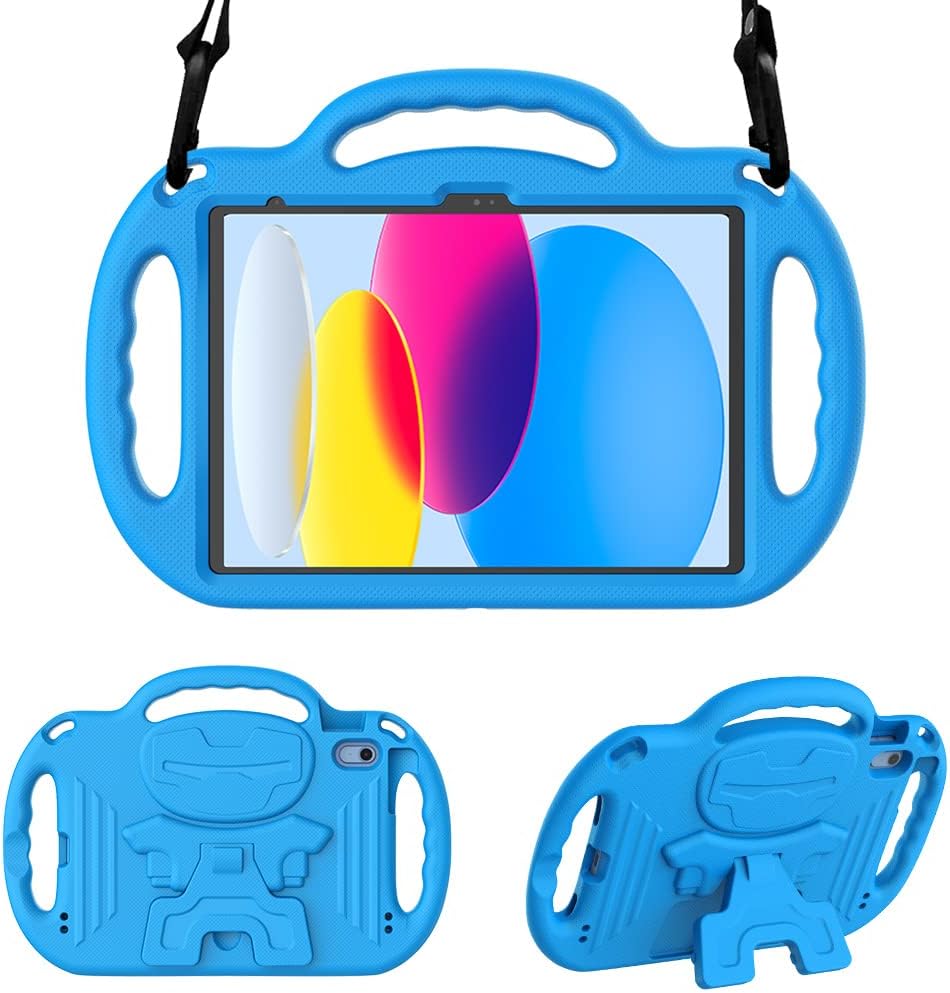 Surom Kids Case for iPad 10th Generation 10.9 Inch 2022, iPad 10.9 Case 10th Generation, with Shoulder Strap, Durable Light Weight Handle Stand Child-Proof Bumper Case for iPad 10th Gen 2022, Blue