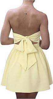 Women's Bandeau Ruched Strapless Ruffle Bow Knot A Line Summer Mini Dress - Buy now