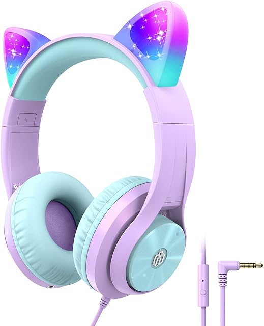 iClever Kids Headphones with Microphone, Cat Ear Led Light Up, HS20 Wired Headphones -Shareport- 94dB Volume Limited, Foldable Over-Ear Headphones for Kids Gifts/School/Kids Tablet/Travel