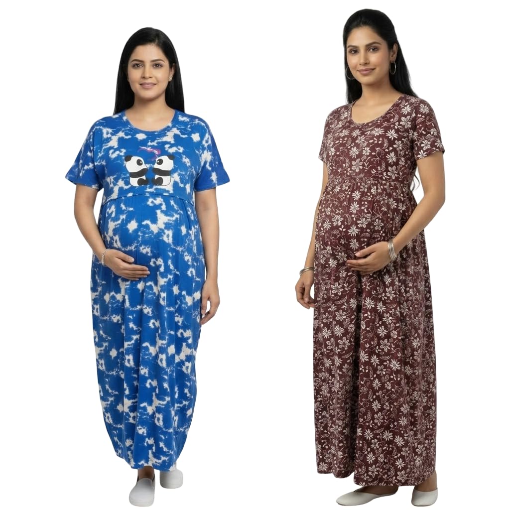 Women’s Cotton Maternity Dress Pack of 2 Multicolor - Zipless Nursing Feeding Gown Combo Soft Breathable Pregnancy Hospital Wear-picture-13