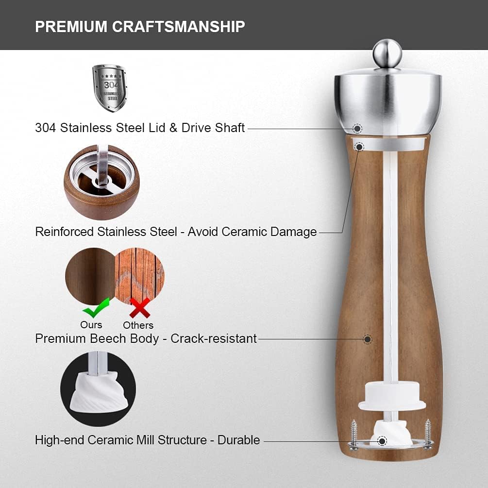 Salt Pepper Grinders Set Wooden - Table Wood Refillable & Adjustable Mill Large Tall Peppermill Long Modern Manual Peppercorn Coarse Shaker with Ceramic Mechanism for Kitchen 8 Inch Knob