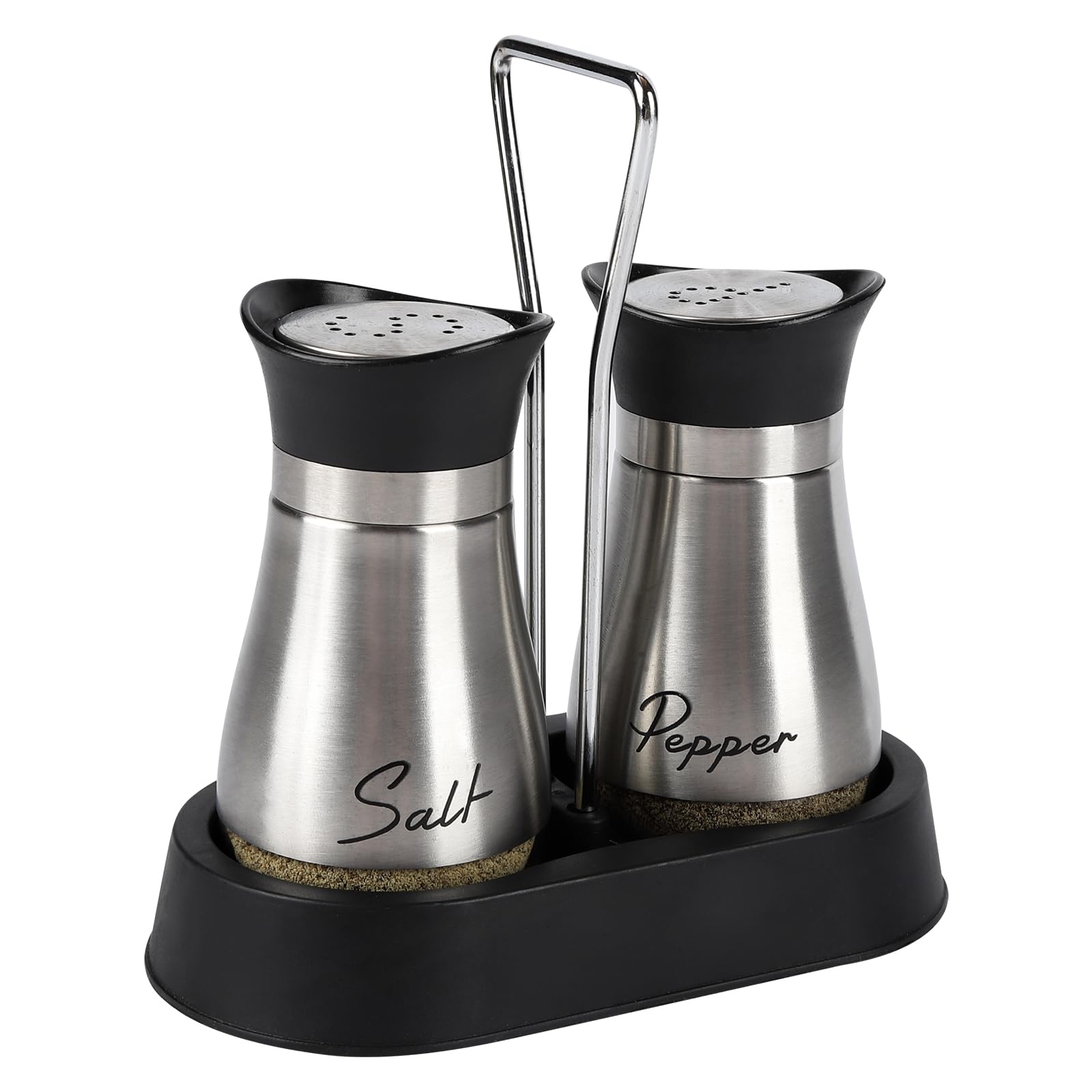 Salz und Pfefferstreuer Set, Salz und Pfefferstreuer Set mit Halter, 2 Stück Edelstahl und Glasflasche Edelstahl Salzstreuer zum Kochen Grillen BBQ (Silber)