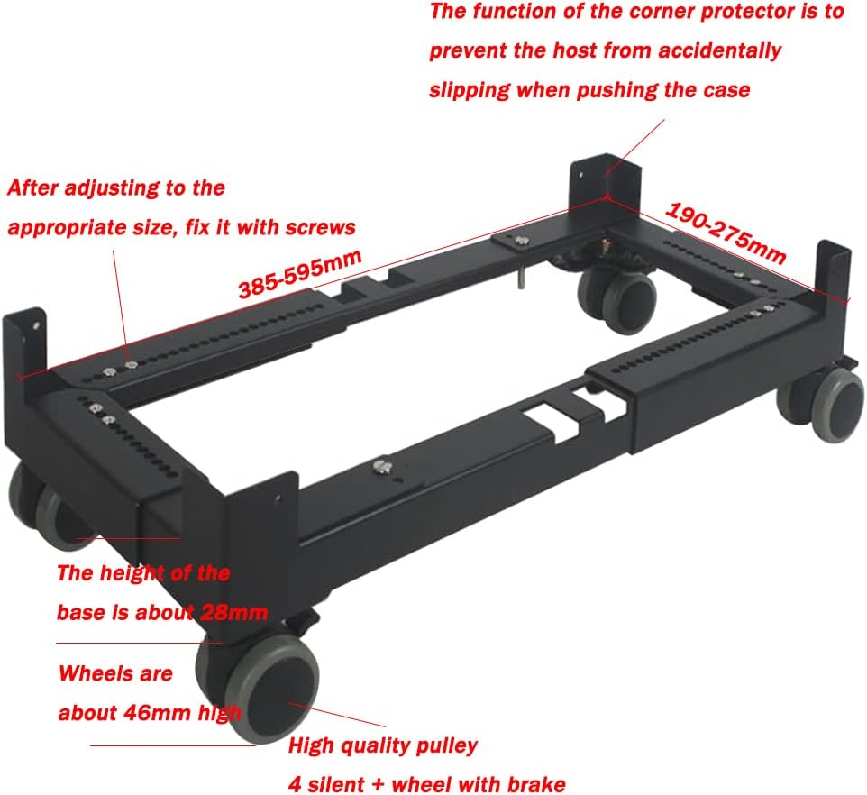 Adjustable PC Tower Stand with Rolling Caster Wheels, Universal Desktop Holder Cart for Home Office, 4 Silent 1.2 Inch Wheels, Enhance Mobility & Space Saving