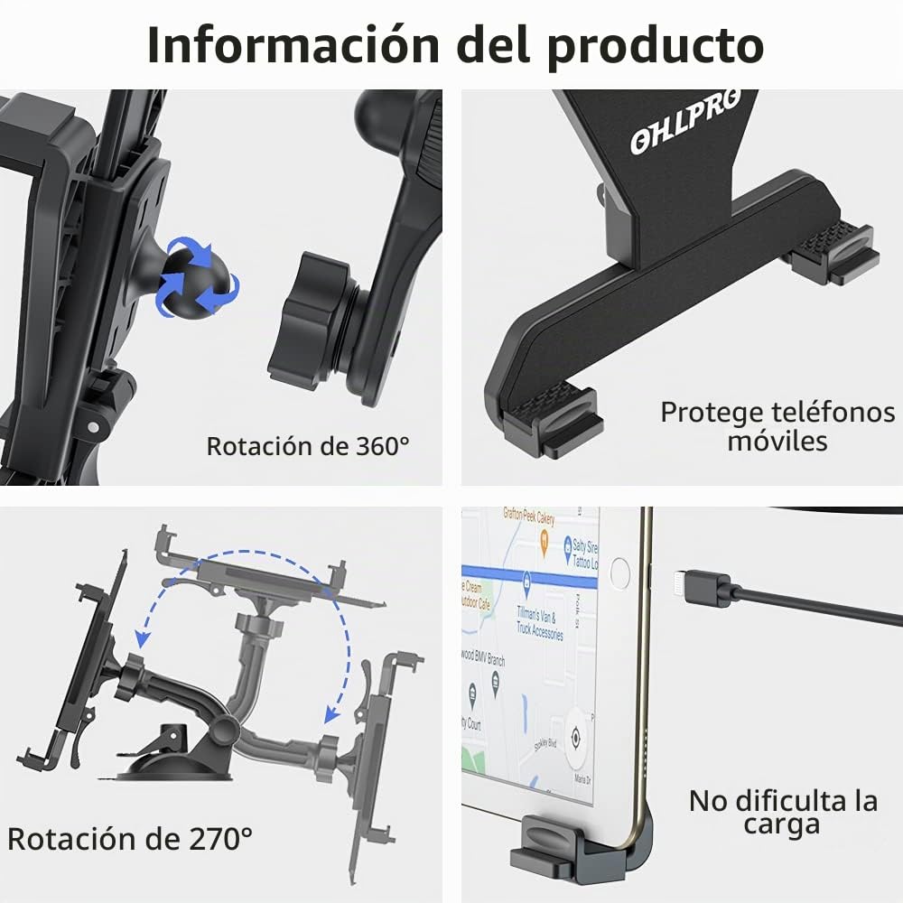 OHLPRO Soporte Tablet para Coche, Montura iPad Ventosa Parabrisas y Salpicadero, Soporte Tablet Universal 6-11" Compatible con iPad, Samsung Galaxy Tab y Más, Brazo Flexible, Rotación 360°, Negro