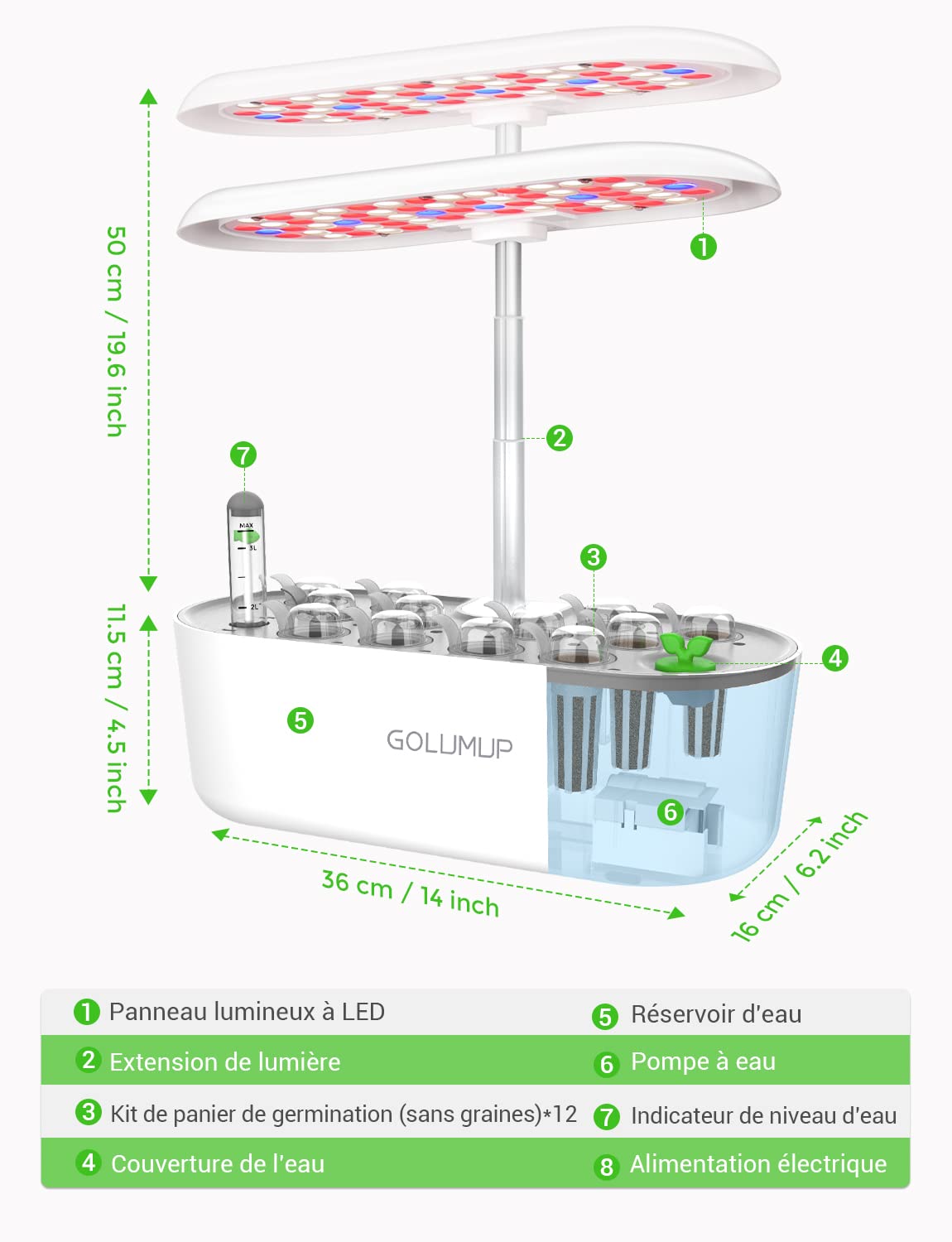 Smart Garden Potager d'intérieur 12 Pots 26W LED Lumière Croissance Intelligente Hauteur Réglable 20-50cm