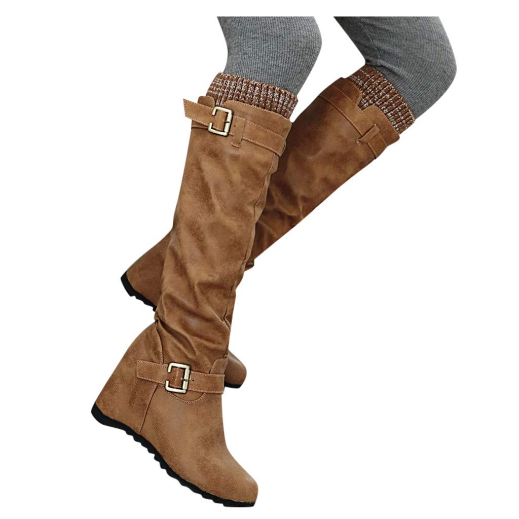 Women Boots Knee High Heels Ladies Wedges Shoes Casual Middle