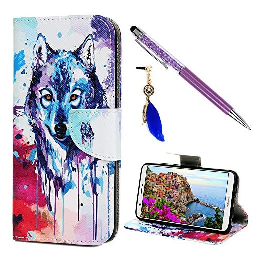 ToneSun Fodral fodral för Huawei P Smart, läder film plånbok mobiltelefonfodral flipcas: målad multifunktionell väska cover plånbok skyddande skydd i varg pluggar + Stylus